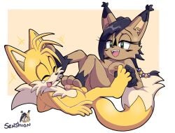 1boy 1girls anthro anthro_on_anthro anthro_only anthrofied duo female foot_fetish footjob male nicole_the_lynx nude nude_female nude_male sega senshion sonic_(series) sonic_the_hedgehog_(series) tails_the_fox