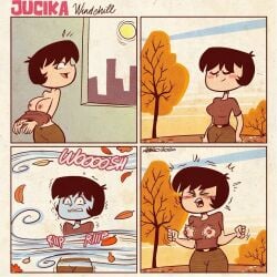 albo annoyed annoyed_expression big_breasts breasts breasts_out jucika jucika_(comic) ripped_clothes ripped_clothing wind