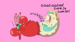 1boy 1girls anthro anthro_on_anthro arthropod blonde_hair blue_fin crab crustacean dialogue duo eyelashes eyes_closed female fins fish furry furry_female furry_male furry_only holding_money interspecies jones_boi jonesbo50034805 lying_on_side male male/female marine mature mature_female mature_male money mr_krabs mrs._puff nickelodeon nude nude_anthro nude_female nude_male open_mouth pink_background pufferfish pussy pussy_juice red_body sex short_hair smelling sniffing spongebob_squarepants straight straight_sex tetraodontiform text