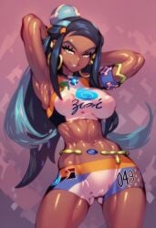 1girls abs ai_generated big_breasts clothed clothing color dark_skin dark_skinned_female female female_focus female_only fit_female game_freak gigiti gym_leader hi_res large_breasts looking_at_viewer nessa_(pokemon) nintendo pokemon pokemon_ss pokemon_trainer smug_face solo solo_female thick_thighs trogiai