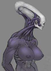 1girls alien areola big_(disambiguation) big_breasts bone breasts clenched_teeth eyeless female hi_res humanoid meandraco monster muscular muscular_female muscular_humanoid nipples not_furry nude purple_areola purple_body purple_breasts simple_background skull solo teeth xenomorph