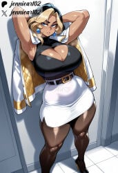 1girl ai_generated armpits arms_behind_head arms_up artist_name belt black_belt black_footwear black_hair blonde_hair blue_eyes breasts brown_pantyhose cleavage cleavage_cutout clothing clothing_cutout curvy dark-skinned_female dark_skin domina earrings female full_body high-waist_skirt high_heels huge_breasts jacket jacket_on_shoulders jennieart02 jewelry large_breasts mature_female miniskirt multicolored_hair office_lady pantyhose parted_lips patreon patreon_logo patreon_username pencil_skirt shirt_tucked_in skirt sleeveless solo standing thick_thighs thighs tiles turtleneck twitter twitter_logo twitter_username two-tone_hair watermark web_address white_jacket white_skirt