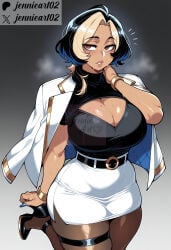 1girl ahoge ai_generated artist_name belt black_belt black_footwear black_hair black_shirt blonde_hair blue_nails bracelet breasts breath brown_eyes brown_pantyhose cleavage cleavage_cutout clothing clothing_cutout curvy dark-skinned_female dark_skin domina english_text female footwear gradient_background heavy_breathing high-waist_skirt high_heels huge_breasts jacket jacket_on_shoulders jennieart02 jewelry large_breasts looking_at_viewer medium_hair miniskirt mole mole_on_breast multicolored_hair office_lady pantyhose parted_lips patreon patreon_logo patreon_username pencil_skirt red_eyes shirt shoes short_hair skirt solo standing standing_on_one_leg sweat tan thick_thighs thigh_strap thighs twitter twitter_username two-tone_hair watermark white_jacket white_skirt