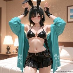 1girl ai_generated animal_ears armpits arms_up bare_shoulders bed bedroom belt bikini bikini_top_only bikini_under_clothes black_belt black_bikini black_gloves black_hair black_skirt blush braid braided_ponytail breasts cleavage closed_mouth collarbone cowboy_shot fake_animal_ears fingerless_gloves flying_sweatdrops gloves hairband hands_up hoshimi_miyabi indoors jacket kermixx lamp large_breasts long_hair long_sleeves looking_at_viewer medium_breasts miniskirt navel o-ring o-ring_bikini o-ring_top off_shoulder on_bed open_clothes open_jacket patreon_username photo_(object) picture_frame pillow pleated_skirt rabbit_ears rabbit_pose red_eyes single_braid skirt solo stomach sweat swimsuit thighs v-shaped_eyebrows wet zenless_zone_zero