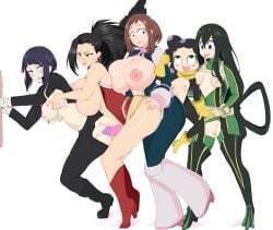 5girls areolae big_breasts black_hair breasts brown_hair dildo female female_mineta female_only green_hair hero_outfit_(mha) huge_breasts kyoka_jiro large_breasts minoru_minene minoru_mineta momo_yaoyorozu multiple_girls mutual_insertion my_hero_academia nipples ochako_uraraka pleasure_face purple_hair rolling_eyes rule_63 sex_toy shortstack smaller_female sombra222 thick_thighs thighs tsuyu_asui vaginal vaginal_insertion yuri