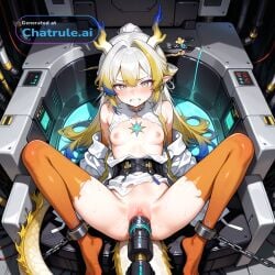 1girl ai_assisted ai_generated colored_extremities dominated dragon_horns dragon_tail facing_viewer forced_orgasm hair_stick high_quality highres legs_spread mouth_open multicolored_eyes multicolored_hair nipples petite_body pointy_ears ripped_clothes skinny small_breasts small_tits solo solo_female streaked_hair tiny_tits unable_to_move unable_to_resist young