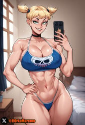 1girl ai_generated blonde_hair cameltoe covered_nipples dj_(hellonearthiii) el_orko_marrano female green_eyes hand_on_hip holding_phone huge_breasts panties selfie smiling_at_viewer thick_thighs topwear wide_hips
