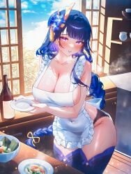 1girl ai ai_art ai_generated alternate_costume apron bare_shoulders black_panties black_thighhighs blush bottle braid braided_ponytail breasts brown_hair cleavage collarbone covered_navel cowboy_shot flower food frilled_apron frills genshin_impact hair_flower hair_ornament holding holding_plate hoyoverse indoors kitchen lace_trim large_breasts long_hair looking_at_viewer ministro mole mole_on_breast mole_under_eye naked_apron nearly_naked_apron panties parted_lips plate purple_eyes purple_flower purple_hair purple_nails raiden_shogun sideboob single_braid sky smile solo steam sweat thighhighs thighs underwear very_long_hair white_apron window