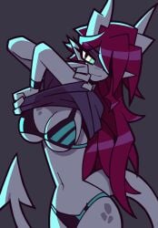 2023 artist_request blue_eyes bra dragon dressing embarrassed female hi_res notyoursagittarius panties red_hair solo underwear