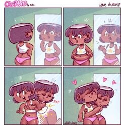albo charlie_(albo) dark-skinned_female dark_skin heart heart_symbol nude nude_female reflection selfcest yuri