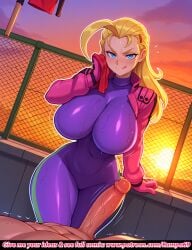 1girl ai_generated blonde_hair blue_eyes blush bodysuit chainlink_fence clouds erection fence giant_penis high_quality huge_breasts huge_penis jacket leaning long_hair looking_at_viewer male_focus masterpiece miu_furinji outdoors pink_jacket pov pov_crotch purple_bodysuit rampa69 rooftop sky smile sunset sweat sweatdrop sweating tight_clothes towel uncensored veiny_penis wiping_sweat