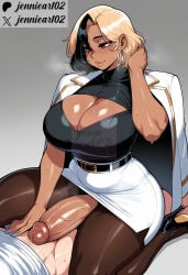1boy 1girl ai_generated artist_name belt black_belt black_footwear black_hair black_shirt blonde_hair blue_nails blush breasts brown_pantyhose cleavage cleavage_cutout clothing clothing_cutout coat_on_shoulders dark-skinned_female dark_skin domina earrings english_text erection female futa_with_male futanari girl_on_top grey_background hetero high-waist_skirt high_heels hoop_earrings huge_breasts huge_penis imminent_penetration intersex jacket jacket_on_shoulders jennieart02 jewelry large_breasts large_penis looking_down male miniskirt mole mole_under_mouth multicolored_hair nail_polish pantyhose patreon patreon_logo patreon_username pencil_skirt penis shirt short_hair sitting skirt smile solo_focus straddling streaked_hair sweat testicles thick_thighs thighs twitter twitter_username two-tone_hair veins veiny_penis watermark white_jacket white_skirt