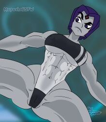 1girls abs big_ass big_breasts big_butt bikini black_bikini black_swimsuit dc dc_comics female female_only forehead_jewel grey_body grey_skin gris_swimsuit mapashonsfw muscles muscular muscular_female purple_eyes purple_hair rachel_roth raven_(dc) short_hair shy swimsuit teen_titans tsundere