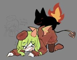>_< 2girls beret blush boots demon demon_girl demon_horns demon_tail dlanor_973 dog dot_nose fire flame_tail flying_sweatdrops froze funamusea green_hair grey_background hat horns interspecies long_sleeves open_mouth red_boots red_hat red_sweater red_thighhighs short_hair simple_background single_horn sweater tail tears the_gray_garden thighhighs yosafire