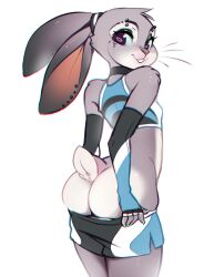 2021 5_fingers absurd_res anthro ass bottomwear breasts clothed clothing digital_media_(artwork) disney eyebrows eyelashes female fingers flat_chest fur grey_body grey_fur hi_res judy_hopps lagomorph leporid mammal partially_clothed rabbit shorts shorts_down simple_background smile solo tsampikos whiskers white_background zootopia zootropolis