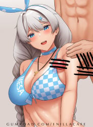 1boy 1girl 1nilla' aqua_bikini armpit_focus armpit_sex armpits bar_censor bikini blue_eyes braid breasts captain_(honkai_impact) censored cleavage collarbone commentary english_commentary hetero highres honkai_(series) honkai_impact_3rd jewelry kiana_kaslana kiana_kaslana_(sunny_beach) large_breasts long_hair looking_at_viewer navel necklace penis solo swimsuit twin_braids upper_body white_hair