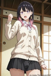1boy ai_generated akane-banashi akane_osaki bangs black_hair black_skirt buttons cardigan clenched_hand collared_shirt cowboy_shot earrings femboy genderswap genderswap_(ftm) gradient_hair indoors jewelry long_hair long_sleeves male miniskirt multicolored_hair open_mouth pink_hair pleated_skirt purple_eyes ribbon school_uniform shirt skirt sliding_doors solo standing tehmar trans_woman transfem trap two-tone_hair v-shaped_eyebrows white_shirt