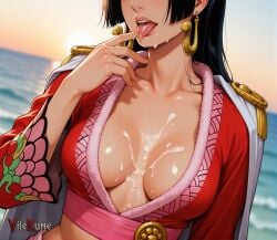 1girl after_fellatio ai_generated boa_hancock breasts_focus close-up cum cum_on_breasts cum_on_lips dutch_angle face_out_of_frame fingernails large_breasts midriff nude ocean one_piece out_of_frame snake_earrings solo tongue upper_body