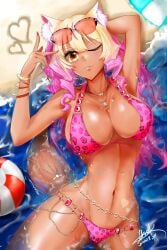 1girls big_breasts big_thighs blonde_hair breasts cleavage dark-skinned_female dark_skin eyebrows eyebrows_visible_through_hair eyelashes fate/grand_order fate_(series) female female_focus female_only gyaru heart huge_breasts huge_thighs iknsk jewelry large_breasts large_thighs leopard_print looking_at_viewer lying_on_back necklace ocean on_back one_eye_closed orange_hair pink_hair slim_waist solo solo_female solo_focus sunglasses sunglasses_on_head suzuka_gozen_(fate) suzuka_gozen_(swimsuit_rider)_(fate) tail tan_body tan_skin thick_thighs thighs thin_waist two-tone_hair waist_chain water wide_hips