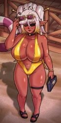 1girls 2026 2d 2d_(artwork) beach beach_background beauty_mark big_breasts black_eyes black_sclera blush blushing breasts breasts_bigger_than_head choker dark-skinned_female dark_skin earrings elf elf_ears elf_female eye_scar eyeshadow female female_focus from_above glasses gold_bikini gold_jewelry golden_bikini kardnis_iforn_(oc) kinurathrenne_(artist) mole_on_breast mole_under_mouth oc original pointy_ears pointy_nails scar scenery sling_bikini slingshot_bikini slingshot_swimsuit summer sweat sweating thick_thighs thigh_strap two-tone_hair voluptuous voluptuous_female white_hair yellow_hair