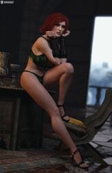 1girls 3d armwear bra breasts cd_projekt_red feet female freckles freckles_on_face high_heels kaer_morhen light-skinned_female light_skin lingerie looking_at_viewer mascara missally panties red_hair solo solo_female the_witcher_(series) the_witcher_3:_wild_hunt triss_merigold underwear