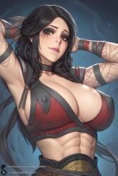 1female 1girl 1girls 2026 abs ai_generated armpits arms_behind_head arms_up artist_name big_ass big_breasts black_hair braid breasts brown_eyes choker cleavage covered_nipples curvy feather_hair_ornament feathers freya_(god_of_war) god_of_war god_of_war_ragnarok hair_ornament hi_res high_quality high_resolution highres huge_ass huge_breasts large_breasts lips long_hair looking_at_viewer muscular muscular_female patreon patreon_username smile solo tattoo unjobdespiert upper_body watermark
