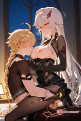1boy 1girls aether_(genshin_impact) ai_generated artist_name genshin_impact horny_female mihoyo pleasure_face ronova_(genshin_impact) sex straight