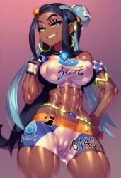 1girls abs ai_generated big_breasts clothed clothing color dark_skin dark_skinned_female female female_focus female_only fit_female game_freak gigiti gym_leader hi_res large_breasts looking_at_viewer nessa_(pokemon) nintendo nipple_bulge pokemon pokemon_ss pokemon_trainer smug_face solo solo_female thick_thighs trogiai