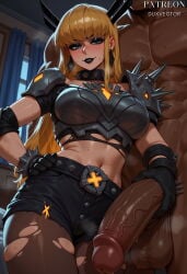 1boy 1girl abs ai_generated armor artist_name belt black_belt black_choker black_gloves black_horns black_lips black_pantyhose black_shorts blonde_hair blue_eyes blush bracelet breastplate breasts brown_pantyhose choker clothed_female_nude_male clothing collar crop_top dark-skinned_male dark_skin duxvector earrings elbow_pads erection female gloved_handjob gloves hand_on_own_hip handjob head_out_of_frame height_difference hetero horns huge_penis indoors interracial jewelry large_breasts large_penis large_testicles long_hair looking_at_viewer magik_(marvel_rivals) makeup male marvel marvel_rivals midriff mole muscular muscular_male navel nude official_alternate_costume pantyhose pauldrons penis penis_grab precum precum_drip short_shorts shorts shoulder_armor shoulder_plates shoulder_spikes smile solo_focus spiked_bracelet spiked_collar spikes teeth testicles torn_clothes torn_pantyhose veins veiny_penis