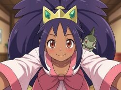 1girls ai_generated axew bending_over blush blushing brown_skin cleavage crown deep_cleavage downblouse dress female female_only hair_tie happy iris_(pokemon) leaning_forward plunging_neckline pokemon pokemon_champion small_breasts solo