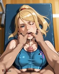 1girl ai_generated blonde_hair clothed_female_nude_male cum_on_eye cumshot facial finger_in_mouth from_above gym gym_bench looking_at_viewer male_pubic_hair medium_breasts metroid nintendo on_back one_eye_closed paizuri_under_clothes penis ponytail pov pov_hands samus_aran sports_bra straddling_paizuri sweat upper_body