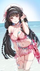 1girls beach black_hair chisa_(wuthering_waves) female foxyreine long_hair medium_breasts official_alternate_costume pink_swimsuit red_eyes see-through_clothing see-through_swimsuit swimsuit wuthering_waves