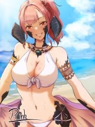 1girls au_ra beach bikini breasts female final_fantasy final_fantasy_xiv horns long_hair red_eyes red_hair scales swimsuit tail white_bikini white_swimsuit xaela