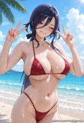 1girl ai_generated alternate_costume bare_arms bare_shoulders beach bikini black_hair blue_hair blue_sky blush breasts cleavage clorinde_(genshin_impact) cloud collarbone cowboy_shot dark_blue_hair day double_v earrings genshin_impact grin hair_between_eyes hair_ribbon hands_up highleg highleg_bikini jewelry kermixx large_breasts long_hair looking_at_viewer low_ponytail navel o-ring ocean one_eye_closed outdoors palm_tree purple_eyes red_bikini ribbon shore sideboob skindentation sky smile solo starfish stomach swimsuit thighs underboob v very_long_hair water wet