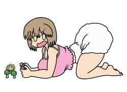 1girl angry ayumu_niikura bare_shoulders barefoot blonde_hair breasts broccoli camera camisole city_(arawi_keiichi) clothed collarbone crop_top digital_camera feet green_eyes holding holding_camera huge_breasts literal_alguien looking_at_viewer open_mouth pink_camisole short short_hair simple_background solo white_background white_shorts