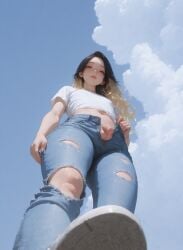1femboy ai_generated black_hair blonde_hair blush crop_top denim femboy feminine_male flat_chest hannai highlights jeans long_hair looking_down_at_viewer male otoko_no_ko pants_open penis precum precum_drip sneakers solo solo_femboy stepping_on_viewer testicles trap white_shirt
