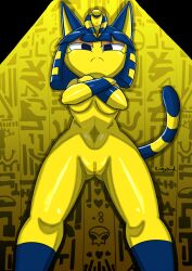 2021 animal_crossing ankha ankha_ride_(minus8) anthro barely_visible_areola blue_hair breasts butt_from_the_front crossed_arms domestic_cat egyptian felid feline felis female frown fur genitals hair hi_res kinkybird looking_at_viewer looking_down mammal navel nintendo nude pussy solo standing thighs under_boob wide_hips yellow_body yellow_fur