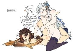 2boys blush blushing cuntboy cuntboy_focus cuntboy_only dark_hair gay gay_sex genshin_impact gentle gentle_sex male male_only naked neuvillette_(genshin_impact) nude scissoring scissoring_position soft thighhighs white_background white_hair zhongli_(genshin_impact)