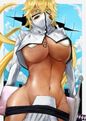 1girls big_breasts big_thighs bleach blonde_hair blue_eyes breast_tattoo breasts busty cleavage curvy dark-skinned_male dark_skin eyebrows eyebrows_visible_through_hair eyelashes female female_focus female_only hair_between_eyes huge_breasts iknsk large_breasts large_thighs long_hair looking_at_viewer looking_back low-angle_view midriff navel slim_waist solo solo_female solo_focus sword tattoo thick_thighs thighs thin_waist tia_harribel tier_harribel underboob underboob_cleavage voluptuous voluptuous_female wide_hips