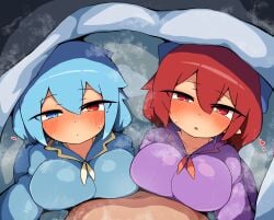 1boy 2girls 2girls1boy alternate_version_at_source alternate_version_available asymmetrical_docking bed before_sex belly belly_button big_breasts blanket blue_eyes blue_hair blush blush_lines blushing blushing_at_viewer blushing_female boobs_pressed bow bowtie breasts breasts_press breasts_pressed_against_partner breasts_pressed_together collar collarbone collared_shirt fully_clothed fully_clothed_female hair_ribbon half-closed_eyes harem hari_oekaki heart heart_symbol hearts hearts_around_head heavy_blush heterochromia horny horny_female in_heat kogasa_tatara large_breasts laying_down laying_on_back laying_on_bed laying_on_stomach looking_at_viewer lying lying_on_back lying_on_bed lying_on_stomach naked_male naked_male_clothed_female naked_male_with_clothed_female navel nude_male paid_reward_available pajamas pointy_ears red_eyes red_hair ribbon sekibanki sharp_ears short_hair sleeping_together steam steaming_body steamy steamy_breath stomach sweat sweatdrop sweating sweaty threesome touhou under_blanket upper_body upper_body_focus upper_body_only