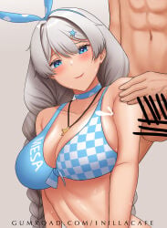 1boy 1girl 1nilla' aqua_bikini armpit_focus armpit_sex armpits bar_censor bikini blue_eyes braid breasts captain_(honkai_impact) censored cleavage collarbone commentary cum cum_on_armpits cum_on_body english_commentary hetero highres honkai_(series) honkai_impact_3rd jewelry kiana_kaslana kiana_kaslana_(sunny_beach) large_breasts long_hair looking_at_viewer navel necklace penis solo swimsuit twin_braids upper_body white_hair