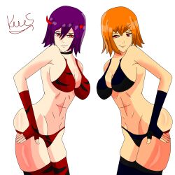 2girls bikini demons_trigger fabia_arms fabia_arms_(demons_trigger) kennysparda(artist) multiple_girls red_eyes regina_arms regina_arms_(demons_trigger)