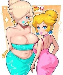 2girls alternate_version_available ass ass_in_dress big_ass big_breasts big_lips bimbo bimbo_lips blonde_hair blue_dress blue_eyes blue_lips blue_lipstick blue_tube_top bottomwear breasts cleavage curvaceous curvy curvy_figure dress ear_piercing earrings female female_only front_view hair_over_one_eye half-closed_eyes hips huge_breasts lips lipstick long_dress long_skirt looking_back mario_(series) mega_mushroom mushroom nintendo parted_lips pink_dress pink_lips pink_lipstick princess_peach princess_rosalina side_view sideboob skirt sparkles speech_bubble star star_earrings thick_lips thighs tied_hair topwear tubetop veiny_breasts wide_hips wiluma