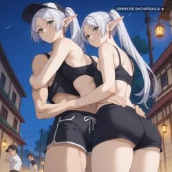 1boy 1girl ai_assisted ai_generated baseball_cap black_shorts black_tank_top curvy_body dark elf femboy green_eyes head_tilt hug hugging_from_behind light_smile looking_back mexico midriff narrow_waist nervous_expression nervous_smile night off_shoulder outdoors penis_bulge pointy_ears silver_hair skull_print sousou_no_frieren standing street tight_shorts topless town twintails view_from_below white_hair wide_hips
