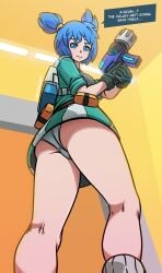 blaster blue_eyes blue_hair blush english_text eyebrows eyelashes gun hair_bun hair_ornament hair_tie jet_force_gemini kneepits legs looking_at_viewer looking_down machine_gun mosbles nervous panties pov short_hair socks speech_bubble text tool_belt underskirt upskirt vela_(jet_force_gemini) yellow_wall