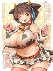 ;d animal_ears animal_print bell blush breasts brown_eyes brown_hair cleavage collar covered_nipples cow_ears cow_girl cow_horns cow_print cow_tail cowbell elbow_gloves female female gloves headset horns huge_breasts idolmaster idolmaster_cinderella_girls looking_at_viewer midriff navel neck_bell oikawa_shizuku one_eye_closed open_mouth pink_gloves pink_legwear red_collar shigatake short_hair skirt smile solo sweat tail thighhighs