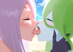 2girls beach blacksaikou blush close-up closed_eyes french_kiss kissing monster_girl monster_musume_no_iru_nichijou multiple_girls outdoors rachnera_arachnera slime_girl spider_girl suu_(monster_musume) tagme tongue yuri