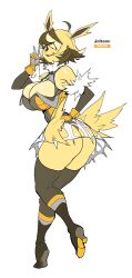 anthro big_breasts blonde_hair bottomwear breasts brown_hair butt_pose cleavage clothed clothing eeveelution female fully_clothed hair hi_res jolteon licking licking_lips licking_own_lips looking_at_viewer looking_back looking_back_at_viewer maniacpaint nintendo pokémon_(species) pokemon pose self_lick simple_background skirt solo thong tongue tongue_out underwear video_games white_background yellow_body