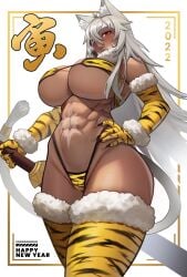 1girls 2022 abs ahoge animal_ear_fluff animal_ears animal_print armwear bandeau bangs bare_shoulders blush breasts breath cameltoe cat_ears cat_tail catgirl chinese_zodiac cleavage dark-skinned_female dark_skin elbow_gloves eyepatch fatzhai female female_focus female_only fur_choker fur_trim ghislaine_dedoldia gloves grey_hair hair_between_eyes hand_on_hip happy_new_year highleg highleg_panties highres holding holding_sword holding_weapon holidays large_breasts legwear long_hair looking_at_viewer muscular muscular_female mushoku_tensei navel new_year open_mouth panties pubic_stubble red_eyes scar scar_on_cheek scar_on_face scar_on_stomach solo sword tail tail_ornament tail_ring thighs tiger_print tiger_print_armwear tiger_print_legwear toned underboob underwear weapon year_of_the_tiger