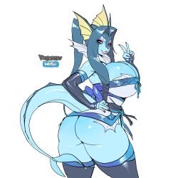 anthro ass big_breasts big_butt blue_body breasts cleavage clothed clothing eeveelution female fully_clothed hand_on_hip hi_res looking_at_viewer looking_back looking_back_at_viewer maniacpaint nintendo pokémon_(species) pokemon simple_background solo thick_thighs vaporeon video_games white_background